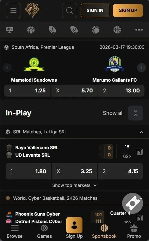 Pantherbet South Africa mobile casino homepage
