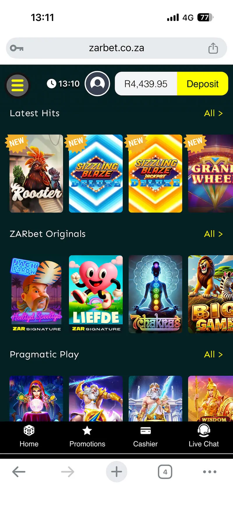ZARbet South Africa mobile casino homepage